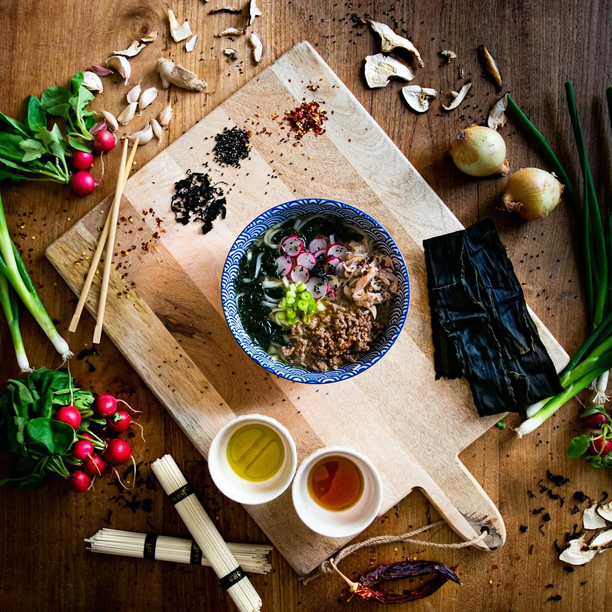 Ramen with noodles, mushrooms and fresh toppings